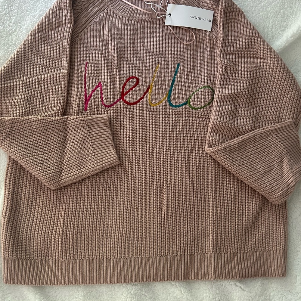Annie Women's Rose XL Sweater with Colorful 'Hello' Embroidery